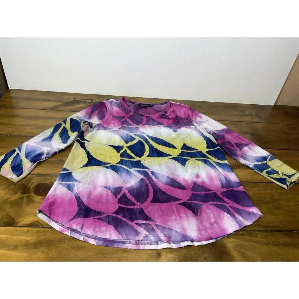 Calessa Tunic Top Blouse Womens Size Large Pink Purple Abstract Print
